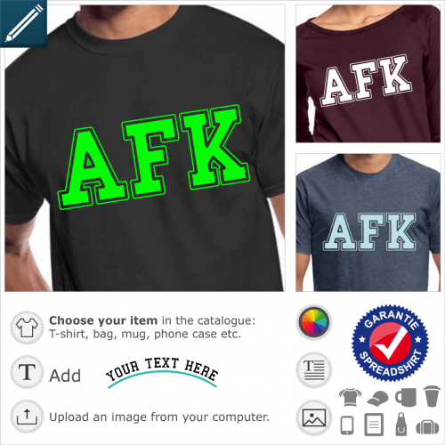 AFK gaming t-shirt. AFK is written in college typography, a gaming design in large capital letters.