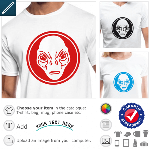 Alien face circle t-shirt. Alien with big eyes without eyelids, portrait of face cut in a solid circle with thick contour. The design looks like a log