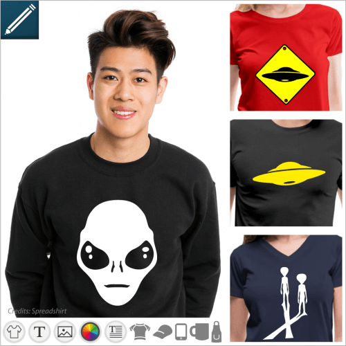 Custom alien t-shirt. Portraits of aliens in an online editable format to be printed online. Create an original alien t-shirt.