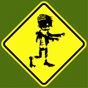 T-shirt road sign. Zombie road sign, zombie warning parody road sign.