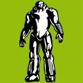 Two-color robot with massive muscles and futuristic design.