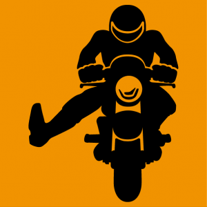 Customize a biker t-shirt. Biker on the road waving his foot in gratitude, a design in one customizable color.