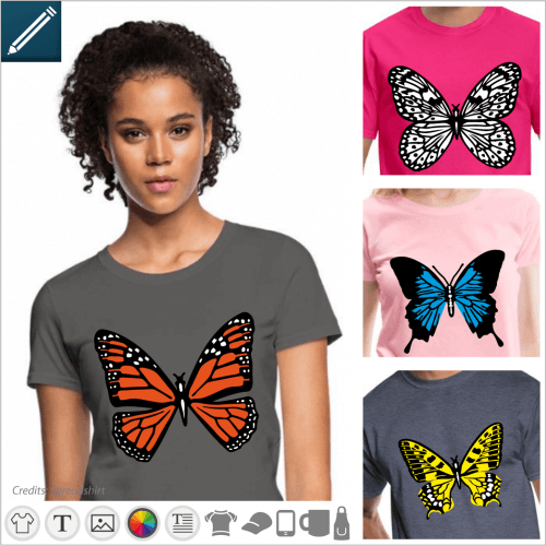 Custom butterfly t-shirt, decorative and colorful designs to create an original butterfly t-shirt.