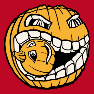 Halloween design to print on t-shirt. Pumpkin eating a small pumpkin. Create a Halloween t-shirt