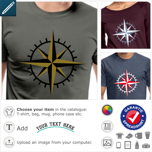 Compass t-shirt. Graduated compass design with 8 points, 4 main and 4 smaller, and a thick graduated circle in the background.