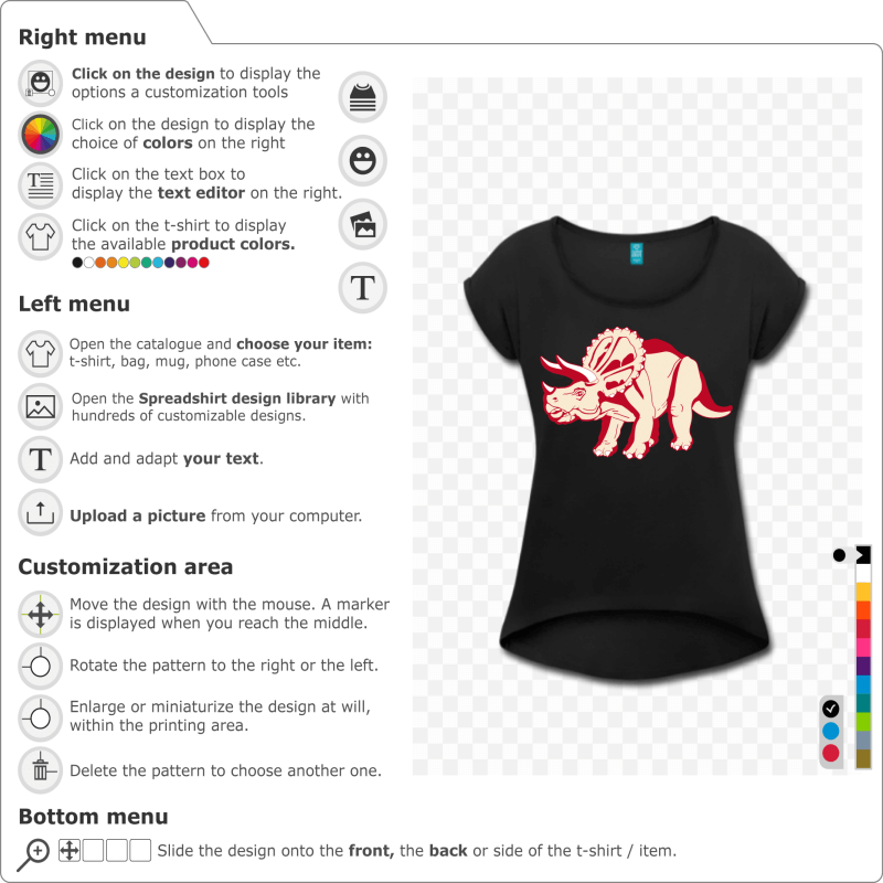 Adapt the triceratops in the Spreadshirt designer and create an original dinosaur t-shirt.