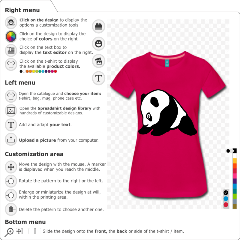 Cute stylized baby panda, drawn in profile. The panda is seated. Black and white design to customize online, special for t-shirt printing.