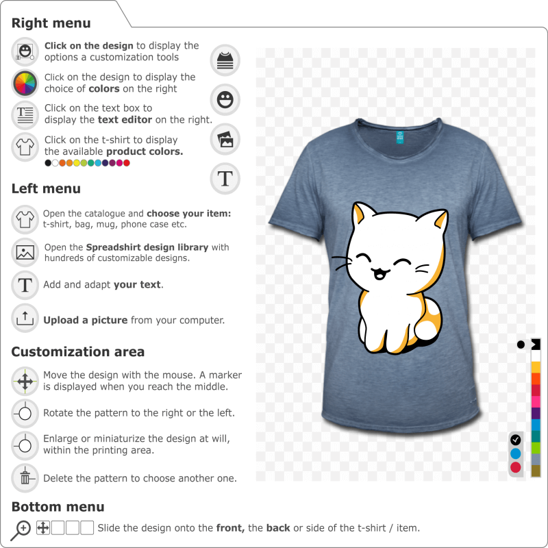 Funny cat drawn in kawaii style to print online. Customizable colors. High quality printing. Create a customised kawaii cat t-shirt