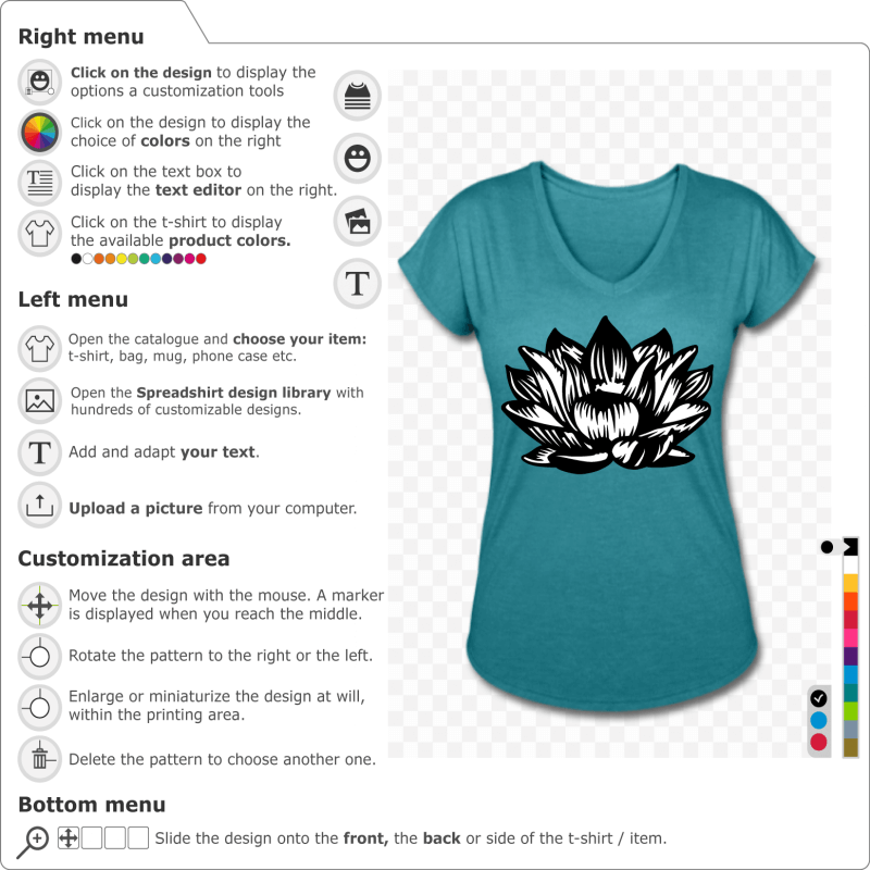 Black and white lotus flower drawn in vector format. The opaque two-colour design is suited for t-shirt printing.