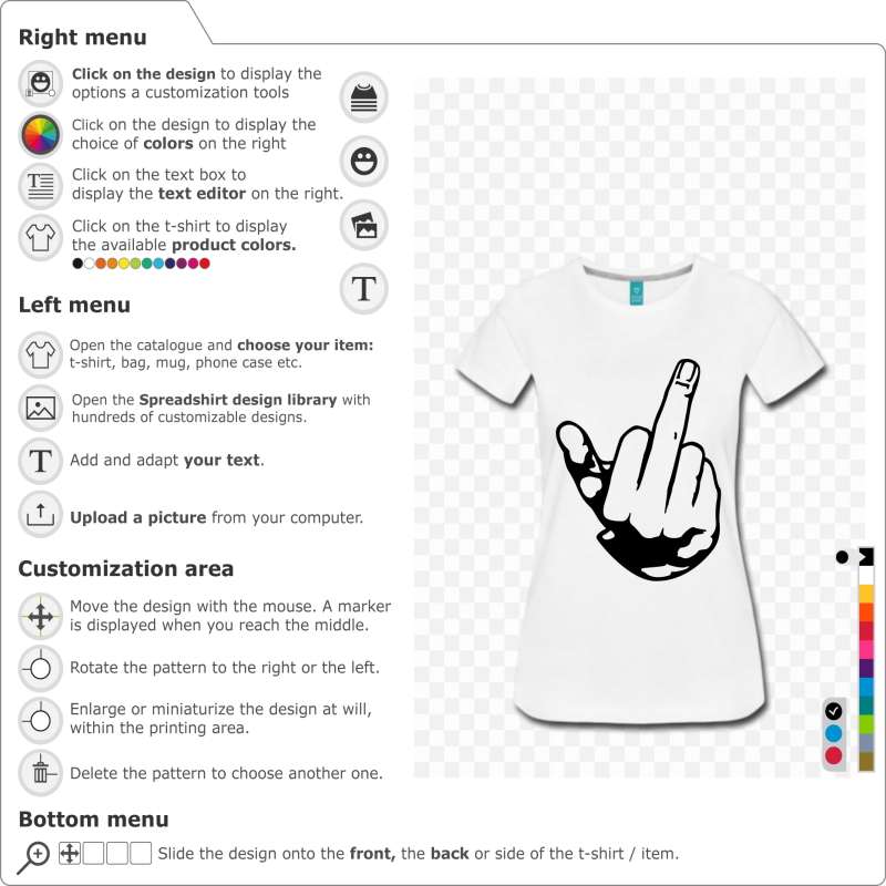 Female finger design, a female middle finger design in one color special for online printing.