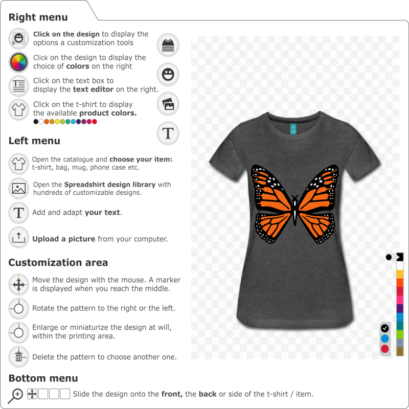 Butterfly to personalize online. The butterfly is designed in a special customizable format for t-shirt printing to be modified in the designer.