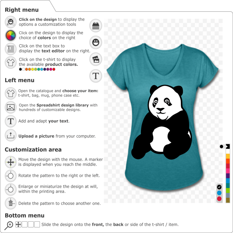 Black and white panda design drawn from the front slightly facing left. Design kawaii to customize online.