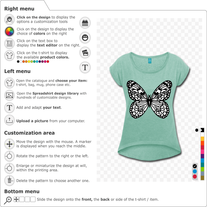 Personalize your butterfly t-shirt online with this decorative butterfly design with round wings adorned with fine intertwined lines.