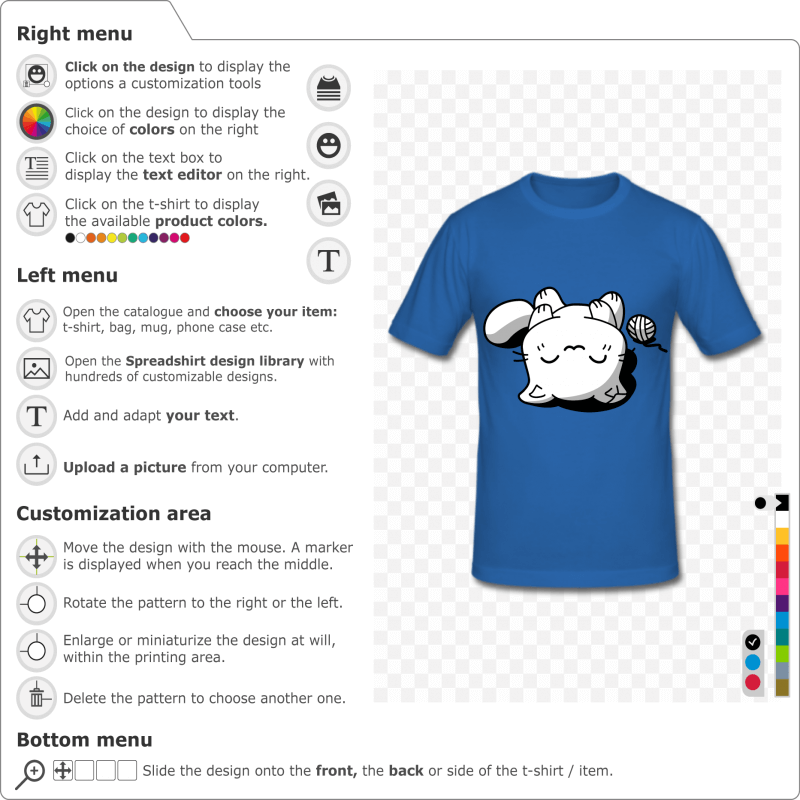 Custom cat t-shirt. Kawaii kitten asleep on the back, 3 colors drawing to customize.