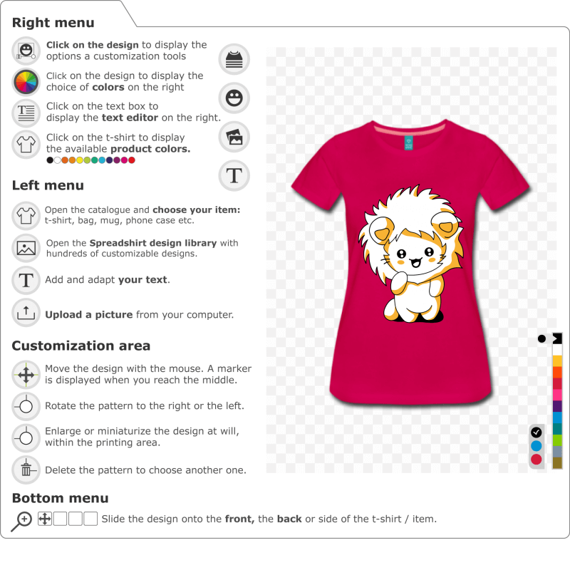 Kawaii kitten t-shirt to personalize. Small cat standing with a laughing expression, wearing a hood with a lion's mane.