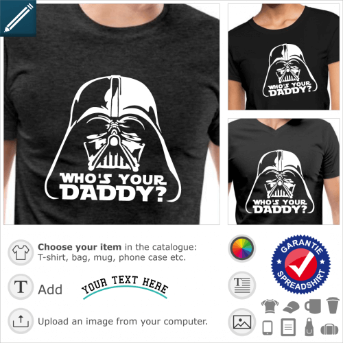 Darth Vader helmet and mask, with a funny quote in Star Wars font: Who's your Daddy? Funny Darth Vader design in one color for May the fourth.