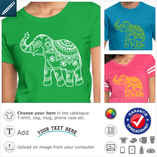 Decorated elephant t-shirt. Indian elephant decorated with floral patterns.