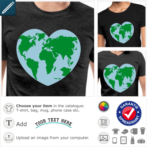 T-shirt Earth / heart, i love earth, I love the earth. Ecological design with a heart-shaped world map.
