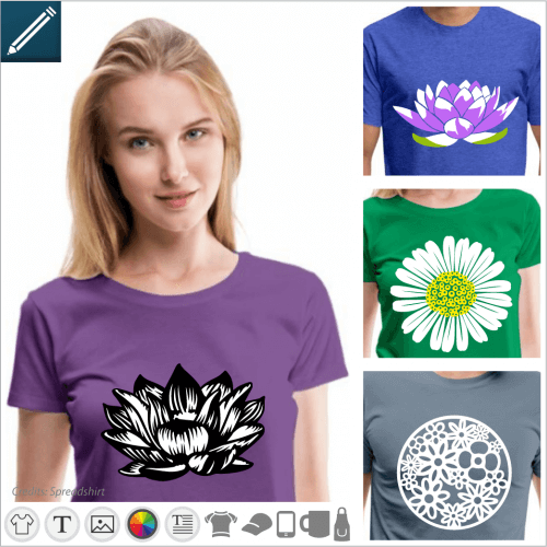 Personalized flower t-shirt, daisy, lotus, floral motifs to print online.