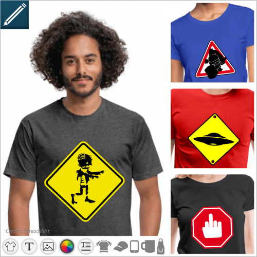 T-shirt with funny traffic signs. Create a funny t-shirt with a custom road signand print it online.