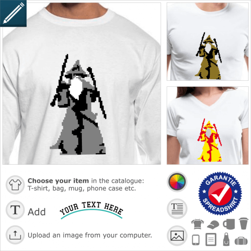Gandalf pixels t-shirt. Gandalf in Moria, you shall not pass, parse computer joke, design pixel art three colors.