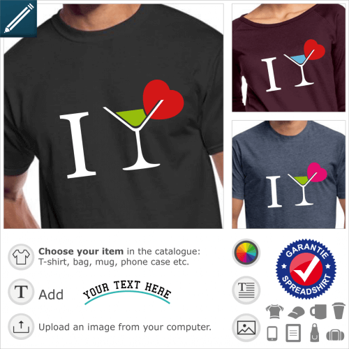 I love cocktails t-shirt. I love cocktail, pictogram of cocktail glass, a design alcohol and aperitif.