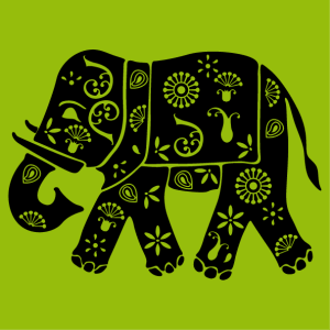 Indian elephant decorated with flowers and classic patterns, design in one color to customize.