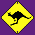 road sign and jumping kangaroo, two-colour design.