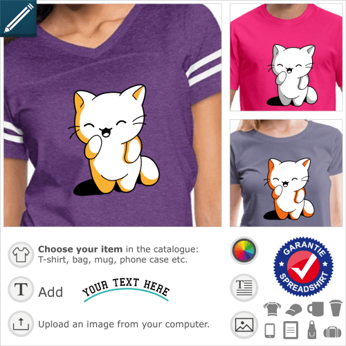 Kawaii kitten standing on her hind legs. The cat has a hilarious expression. Three color opaque kitten. Customize a kawaii kitten t-shirt.