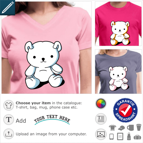 Customizable stylized kawaii teddy bear, designed in 3 colors, to be printed on t-shirt mug or accessory.