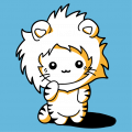 Funny kitten designed in kawaii style, wearing a hood shaped like a lion's mane.