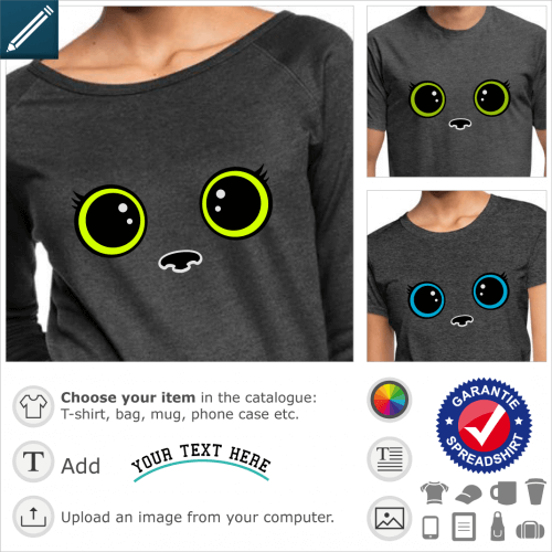 Kitty cat funny t-shirt. Kitty cat, stylized round kitten eyes with eyelashes to print.