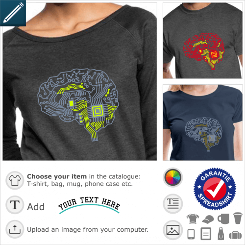 Nerd brain t-shirt. Brain designed in printed circuit board, geek design two colors customizable composed of lines and flat areas, without background