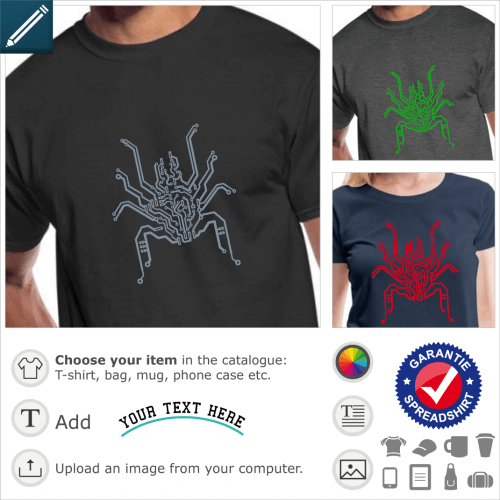 Nerd spider t-shirt. Bionic spider drawn like a printed circuit board. One color design to print online.