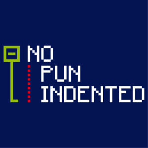 T-shirt Geek joke, no pun intended, no pun indented, design in pixel type and code editor graphics.