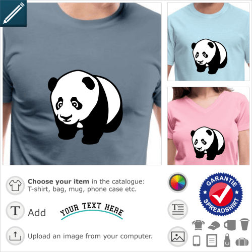 Baby panda turned slightly to the left, on all fours. Black and white design in kawaii style with large reflective eyes.