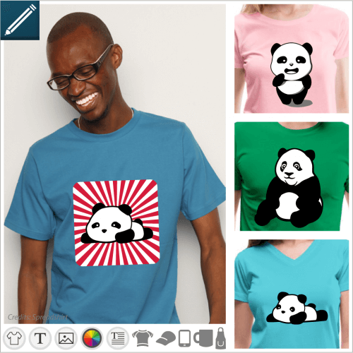 Pandas to customize online. Pandas kawaii, baby panda on his stomach, big panda sitting, choose the design you like and print it online.