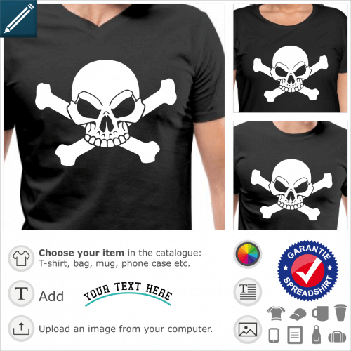 Pirate flag t-shirt to customize online. Stylized skull on crossed bones. White skull to be printed on black t-shirt.