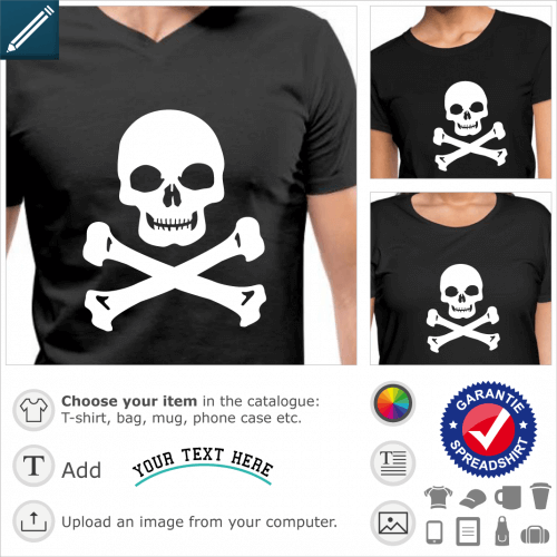 T-shirt Laughing skull with wide and square chin, special vector design for printing t-shirts in white on black.