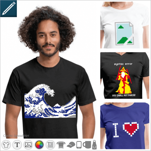 T-shirt pixels and pixel art, nerd and 8bits designs to customize in the designer and print online.
