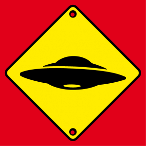 T-shirt road sign ufo. Attention flying saucer, a road sign ufo and alien.