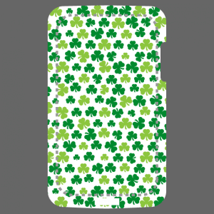 Three leaf shamrock clovers randomly spread over a rectangular area adaptable to the dimensions of portable and mobile cases.