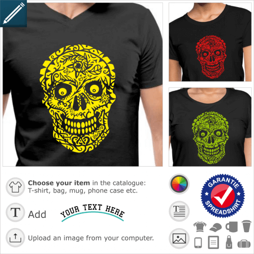 Skull t-shirt decorated with flowers, negative design to print on t-shirt or dark mug.