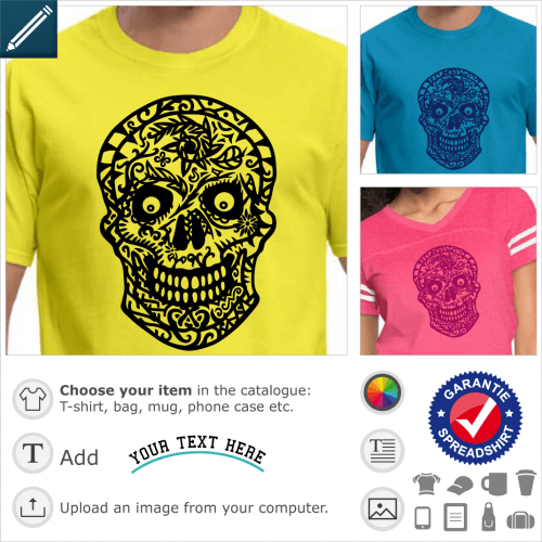 Mexican skull and crossbones t-shirt with floral decorations, floral design in thick lines.
