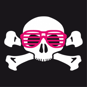 Skull and crossbones T-shirt with horizontally striated nerd glasses to customize.