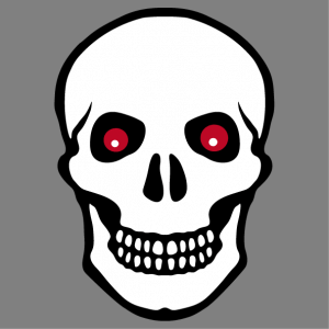 White skull T-shirt with black contours and flaming red eyes.
