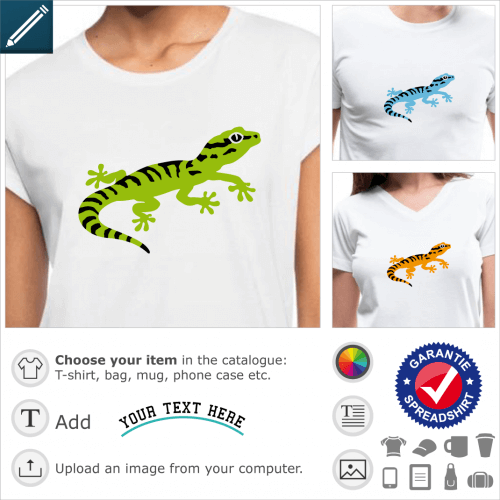 Gecko drawn in profile with detailed eye and stripes, to customize and print online.