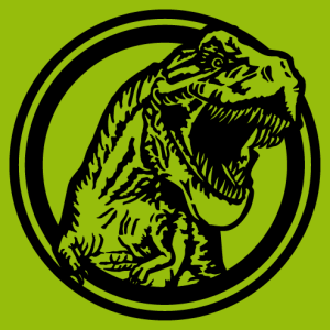 Solid T-rex coming out of a circle, dinosaur design in a customizable color.