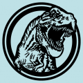 T-rex with an open mouth coming out of a circle, vectorial drawing to customize. T-shirt to customize.