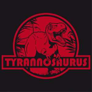 Dinosaur t-shirt to personalize yourself. Tyrannosaurus rex cut out on a red circle, like the Jurassic Park logo.